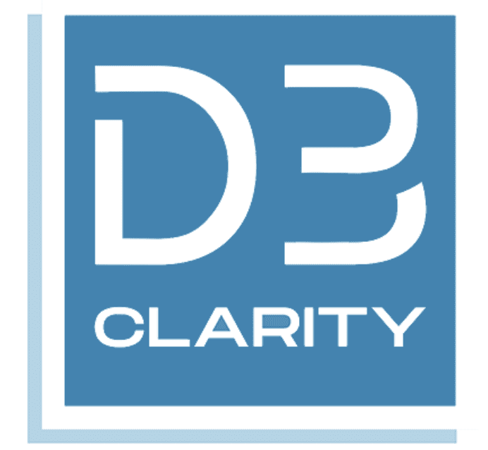 A blue square with the word clarity written in white.